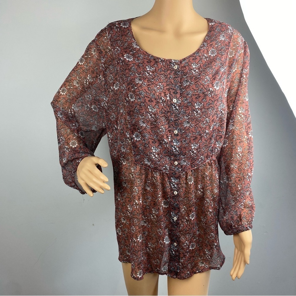Lucky Brand Womens 2X Babydoll Top, Empire Waist Ruffle Floral Sheer